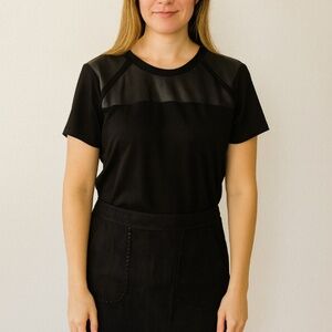 Ann Taylor Black Faux Leather Panel Short Sleeve Top- Size S